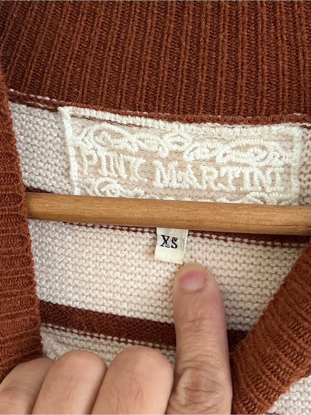 Pink Martini Oversized Burgundy & Cream Striped Knit Sweater XS PTP 21 inch - Picture 8 of 8